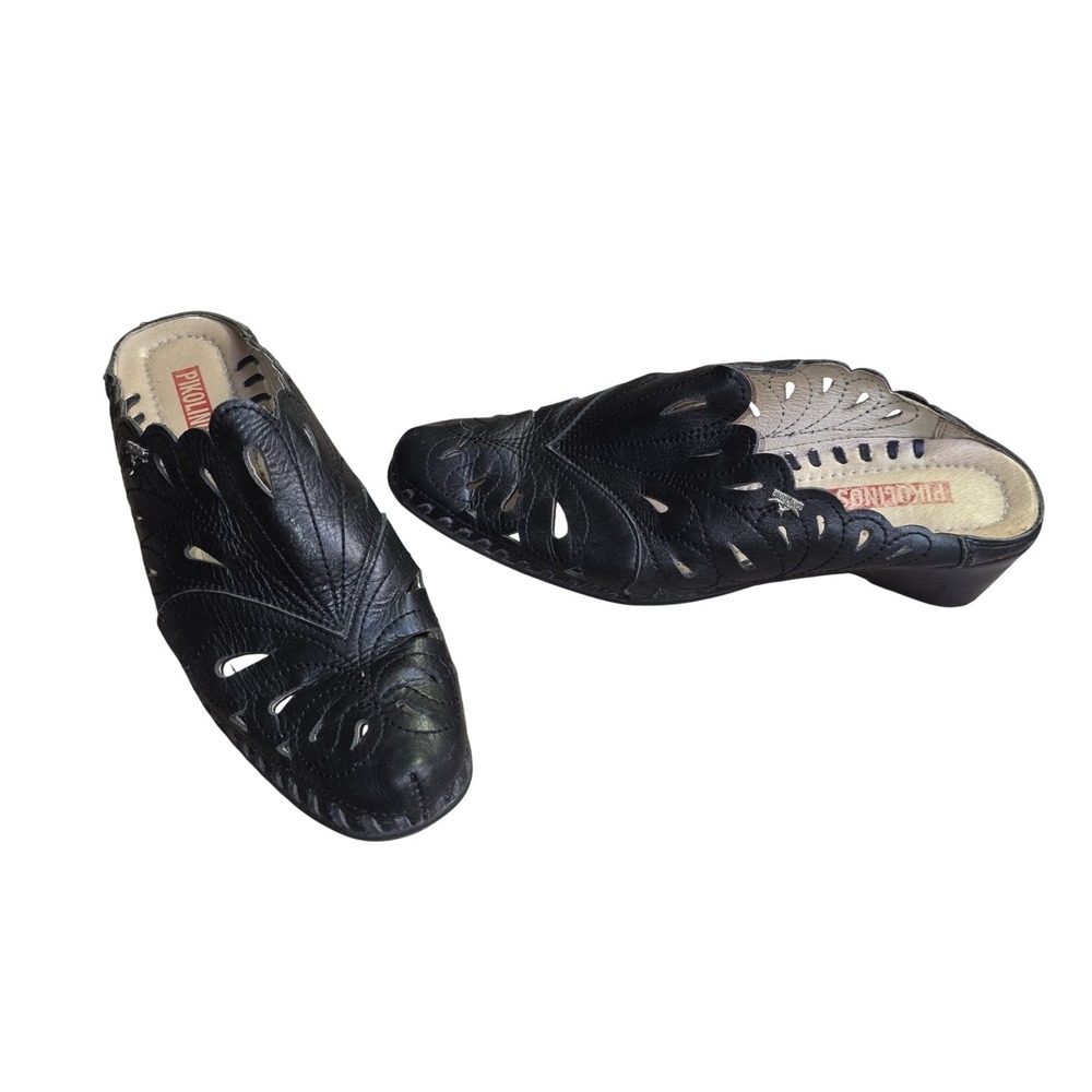 Pikolinos Mule Shoes Women 8.5 39 Black Leather Cutout Floral Slip On Comfort